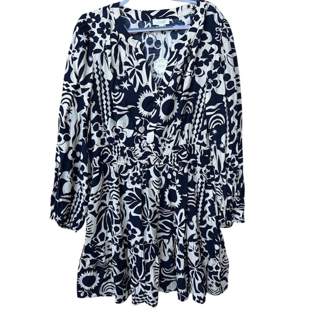 ODDI‎ Women's Navy White Floral Print Long Sleeve Mini Dress Plus Size 3XL